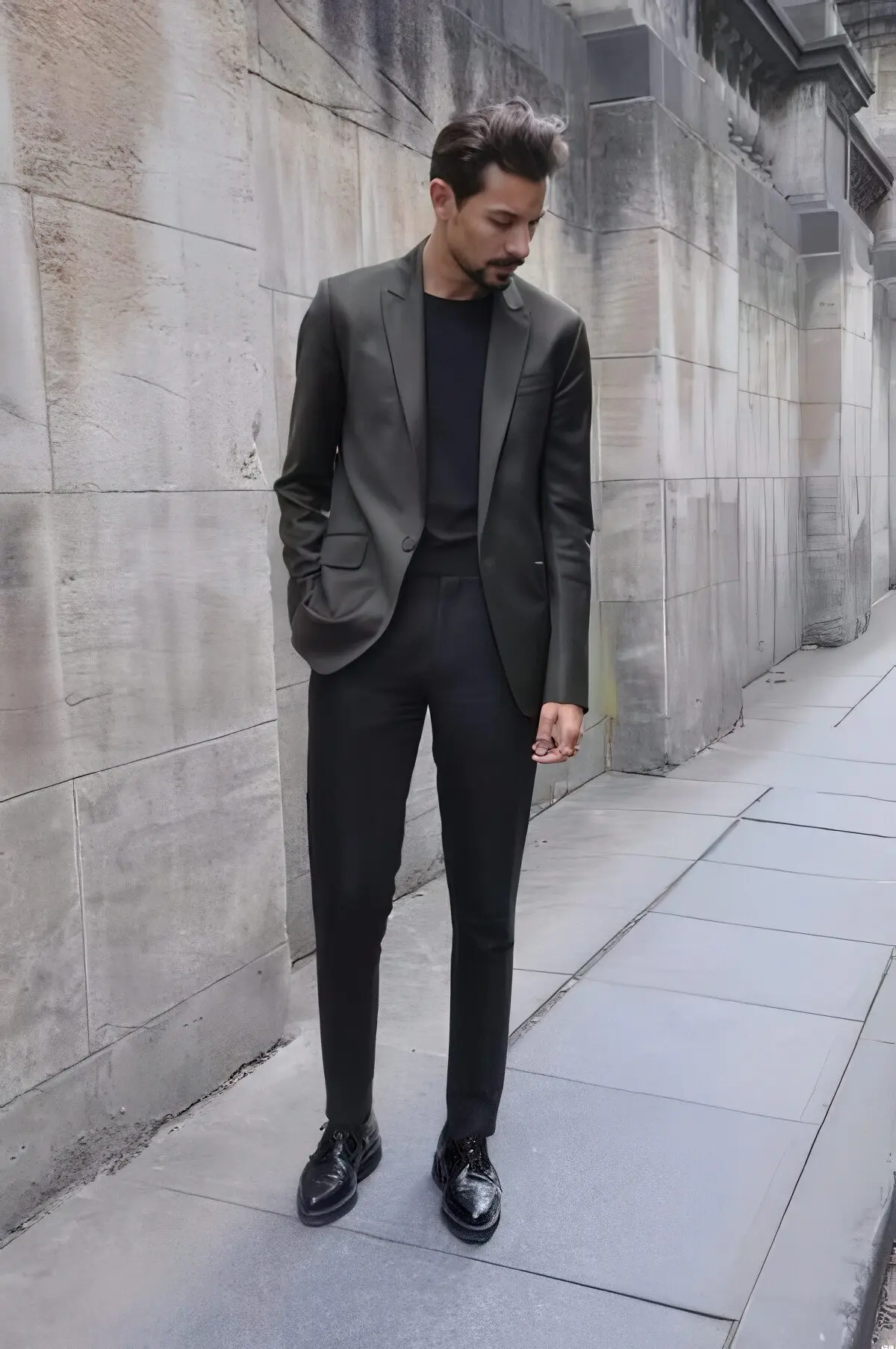 Young African American Man with beard, wearing white shirt, black pants,  leather shoes, standing on street in Manhattan, New York, reading messages  on cell phone. People, cars, buildings on background Stock Photo |