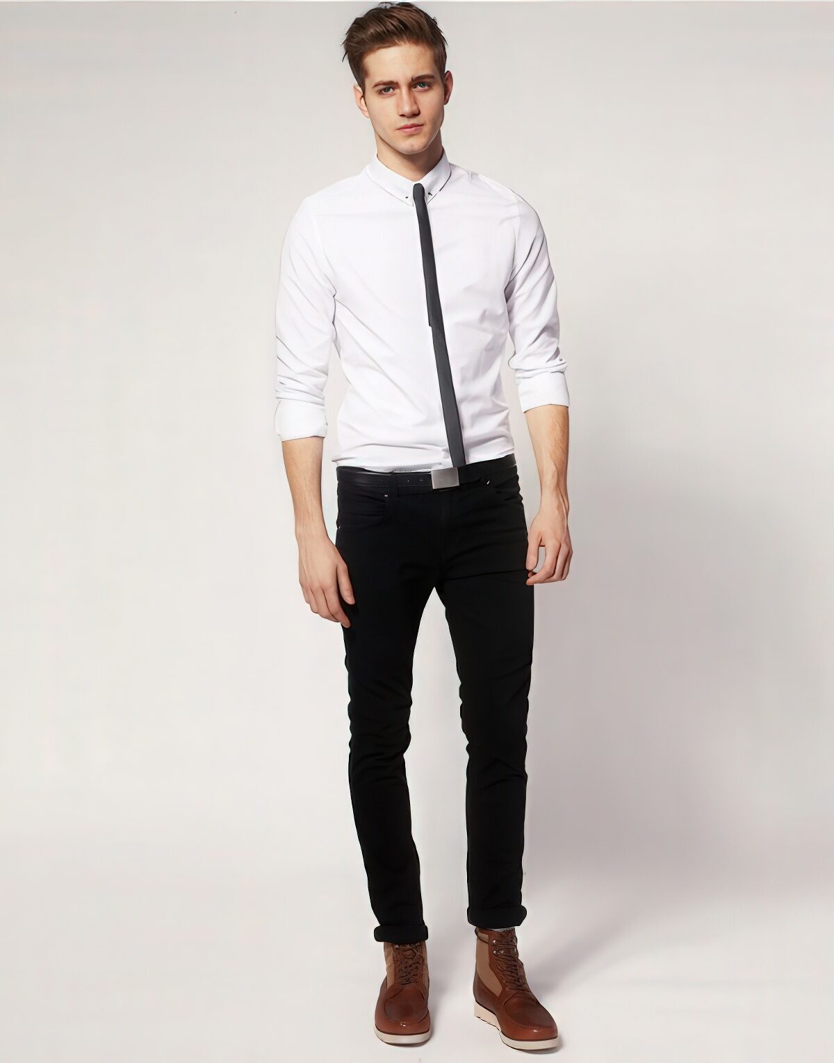 black shirt white pants outfit