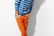 With blue and white striped shirt and red shoes