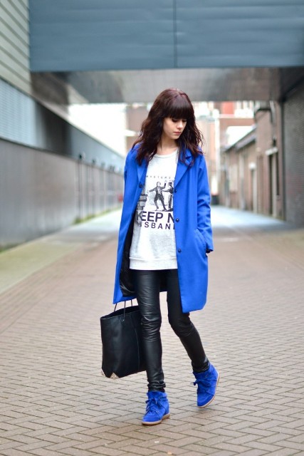 With blue trench coat, long shirt and skinny leather pants
