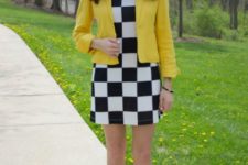 With checked mini dress and beige shoes