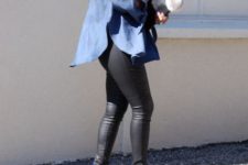 With denim loose shirt, leather leggings and metallic clutch