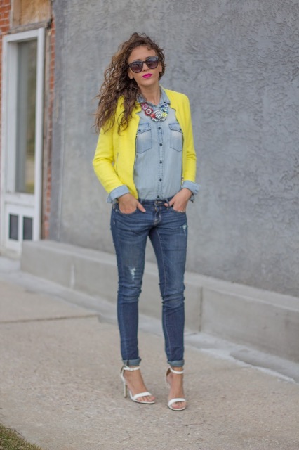 With denim shirt, skinny jeans and white sandals