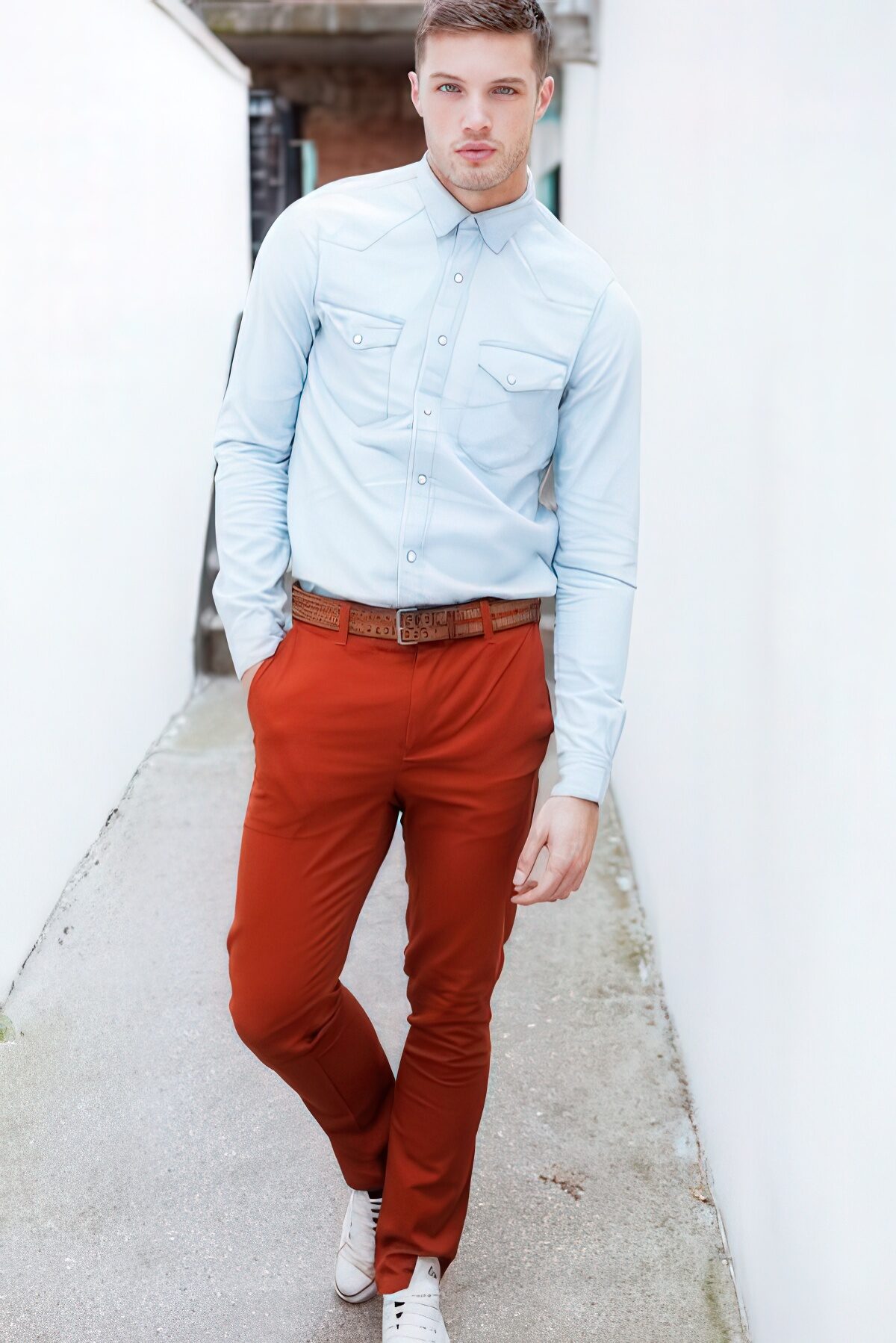 red shirt and brown pants