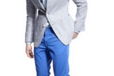 With light blue shirt, gray jacket and gray suede shoes