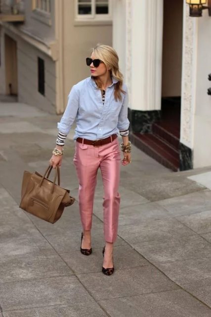 With light blue shirt, printed shoes and neutral color bag