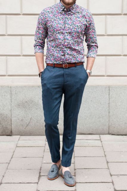 With navy blue pants, marsala belt and light blue loafers