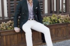 With pastel color shirt, white pants, striped socks and jacket