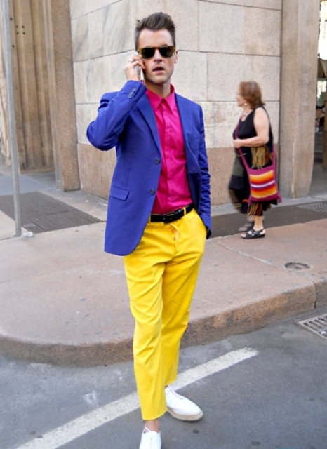With pink shirt, bright color jacket and white shoes