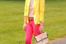 With polka dot shirt, hot pink pants, neutral color shoes and bag