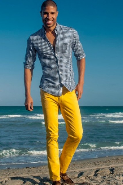 Yellow shirt navy blue pants