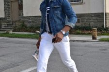 With printed shirt, white pants and denim jacket