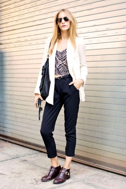 With printed top, crop trousers, white blazer and black bag