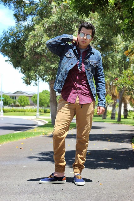 With purple shirt, denim jacket and blue shoes