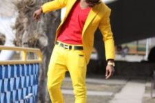 With red shirt, yellow blazer and red shoes