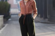 With shirt, crop high-waisted trousers and brown belt