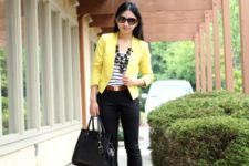 With striped shirt, crop jeans, platform shoes and big bag