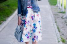 With striped shirt, floral midi skirt, denim jacket and light blue bag