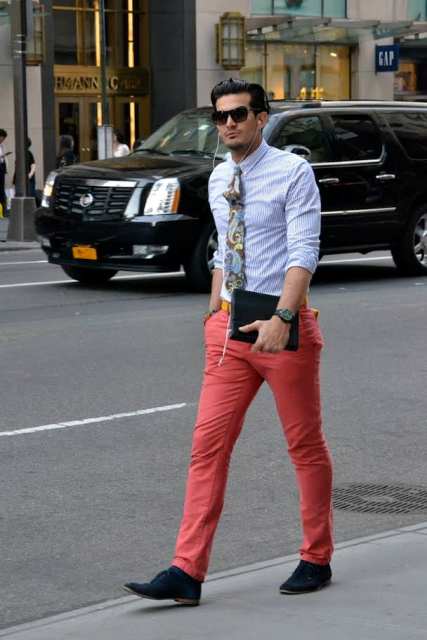With striped shirt, printed tie and navy blue shoes