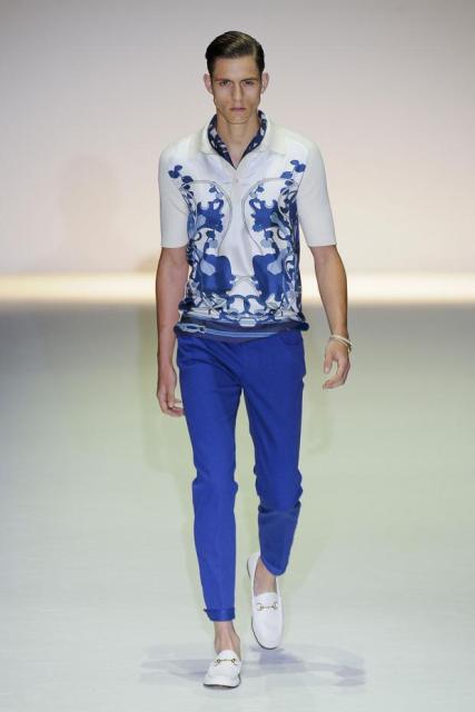 With white and blue printed shirt and white loafers