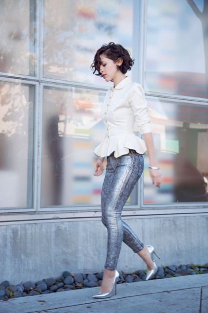 With white shirt and metallic pumps