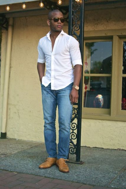 With white shirt and straight jeans
