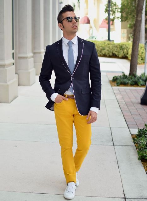 With yellow shirt, navy blue blazer and Mens outfits Navy Blazer with Yello...