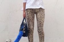 With white shirt, leopard leggings and black bag