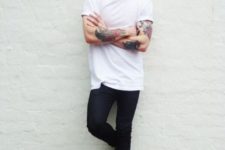 With white t-shirt and black shoes