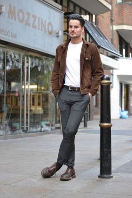 With white t-shirt, gray trousers and brown shoes