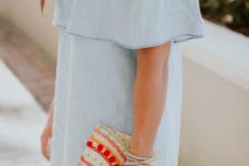 chambray off the shoulder dress, bold embroidered clutch