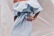 chambray off the shoulder dress with a ruffle