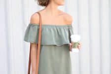 off the shoulder ruffle dress in olive green and brown accessories