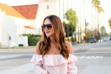 ruffled pink off the shoulder dress with sleeves