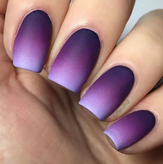 ombre matte nails from bold purple into very light lavender