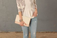 04 distressed skinnies, an ivory ruffle top, nude heels and a neutral blazer