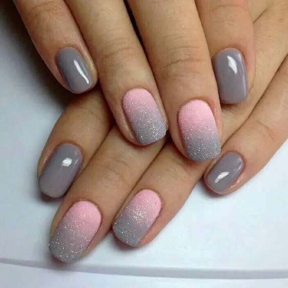 grey nails and pink into grey ombre glitter matte nails