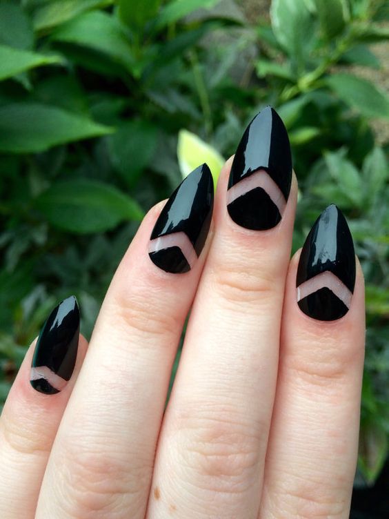 black stiletto nails with negative space chevrons