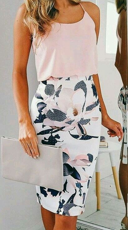 a floral knee pencil skirt and a blush top on spaghetti straps