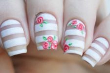 06 matte negative space striped nail art with red roses