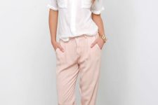 07 a white shirt, blush cuffed pants and nude heels