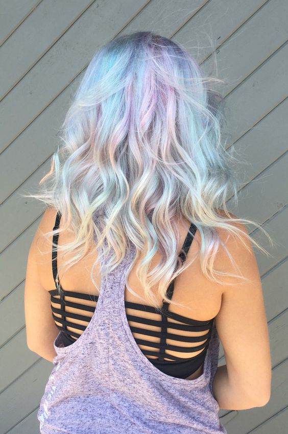 light blue hair with shades of green and lavender