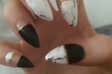 08 black, gold stripes and white marble nails