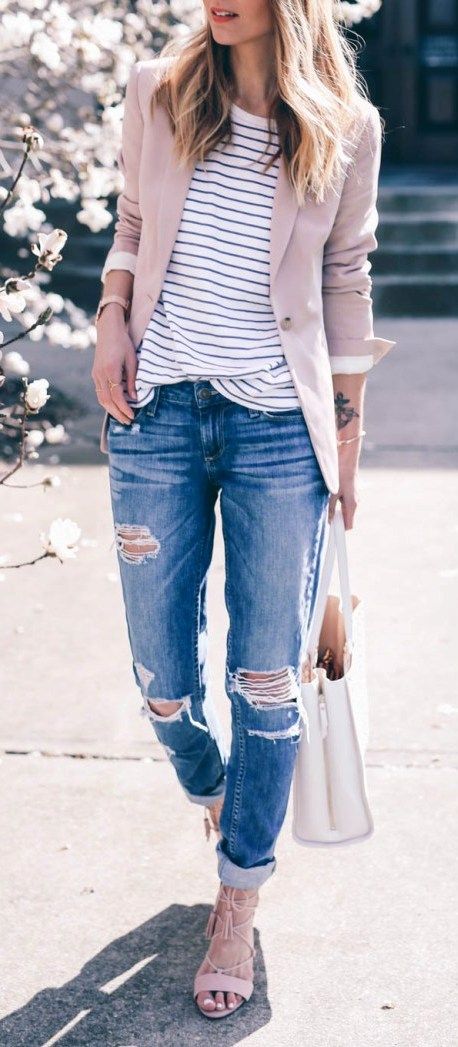 a blush blazer, a striped top, ripped jeans and blush lace up heels
