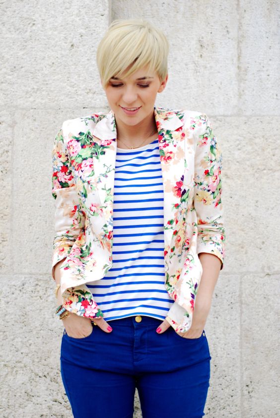 bold blue jeans, a striped shirt and a cute floral blazer