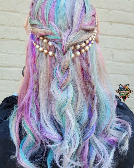 shades of purple, turquoise and pink on white hair