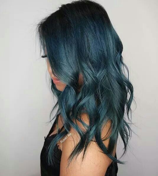 medium length hair of teal color with light waves