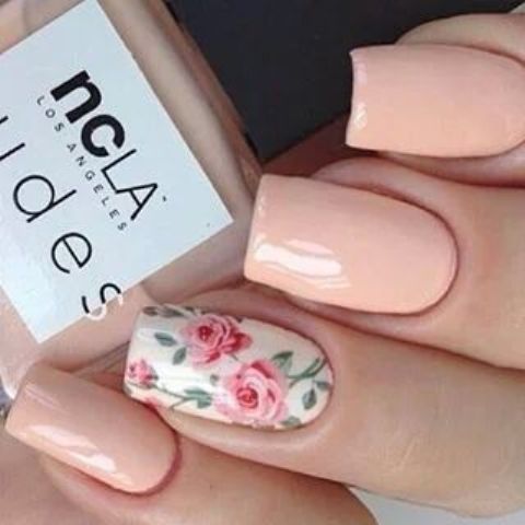 peachy nails with one accent pink roses nail