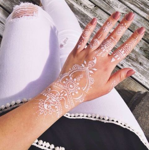 the whole hand and wrist covered with beautiful white henna patterns