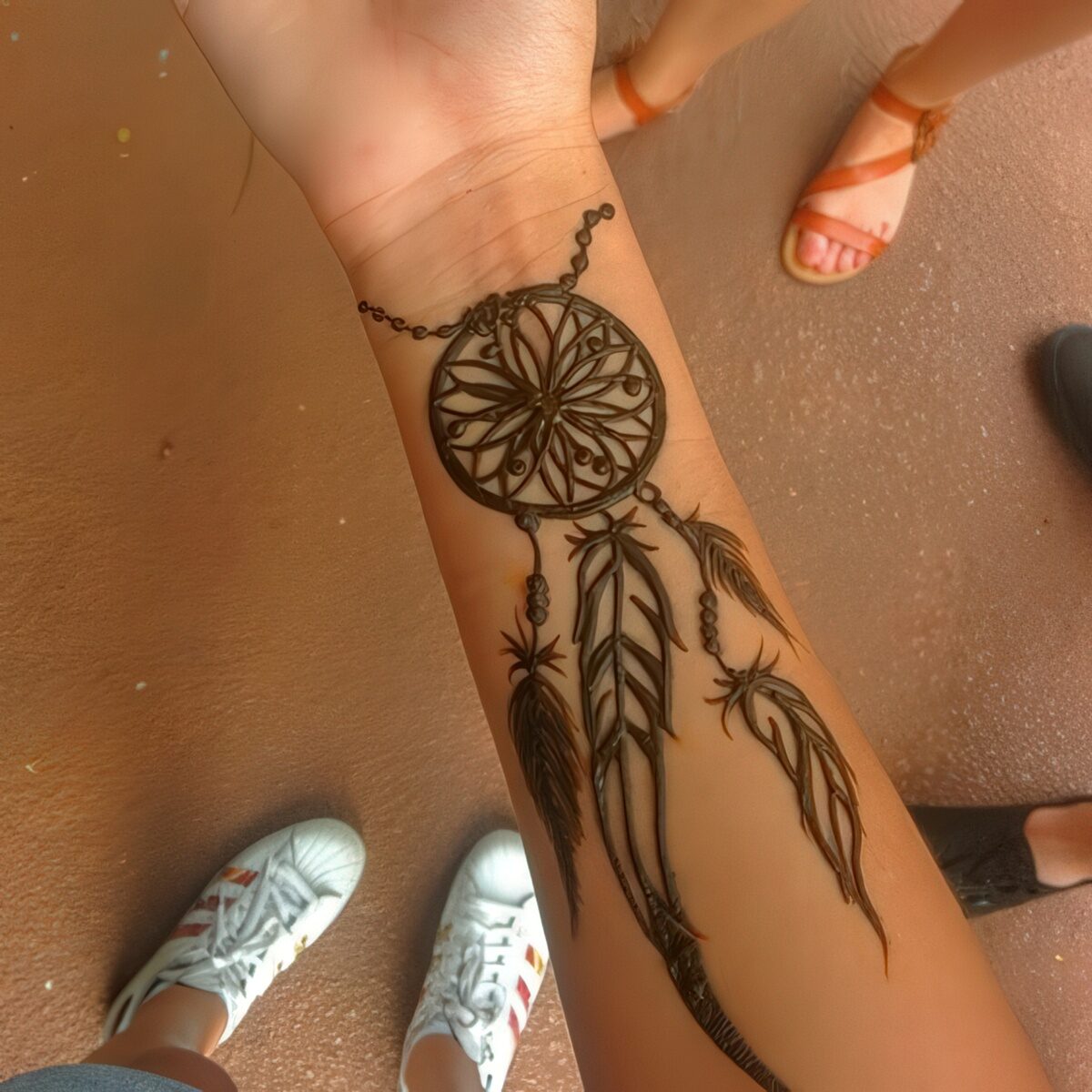 A large dream catcher tattoo with feathers